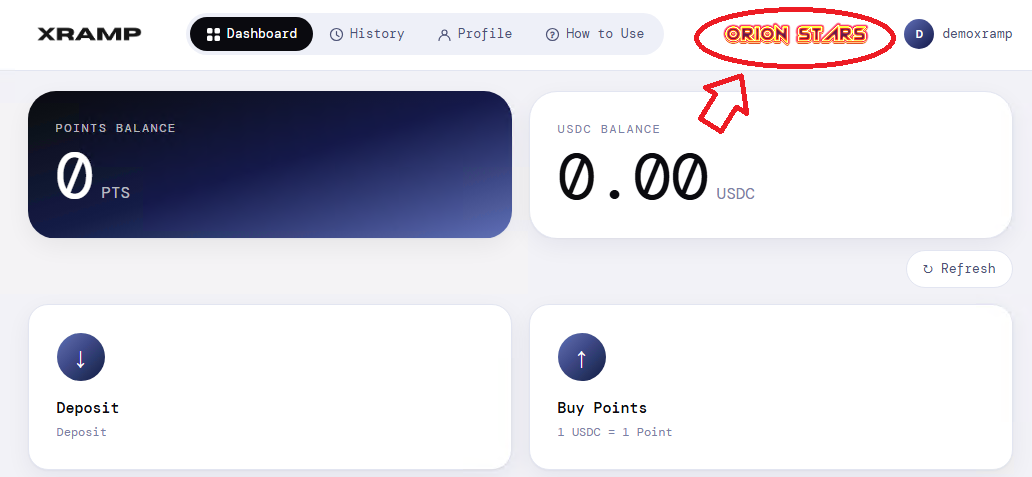 Dashboard showing points balance, USDC balance, and the Orion Stars game